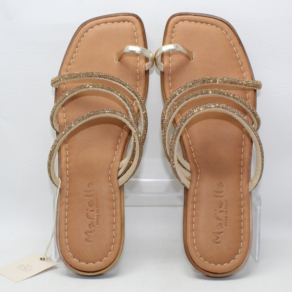 Mariella Made in Italy Gold Crystal Toe Loop Flat Sandals Square Toe‎ 15274 9M